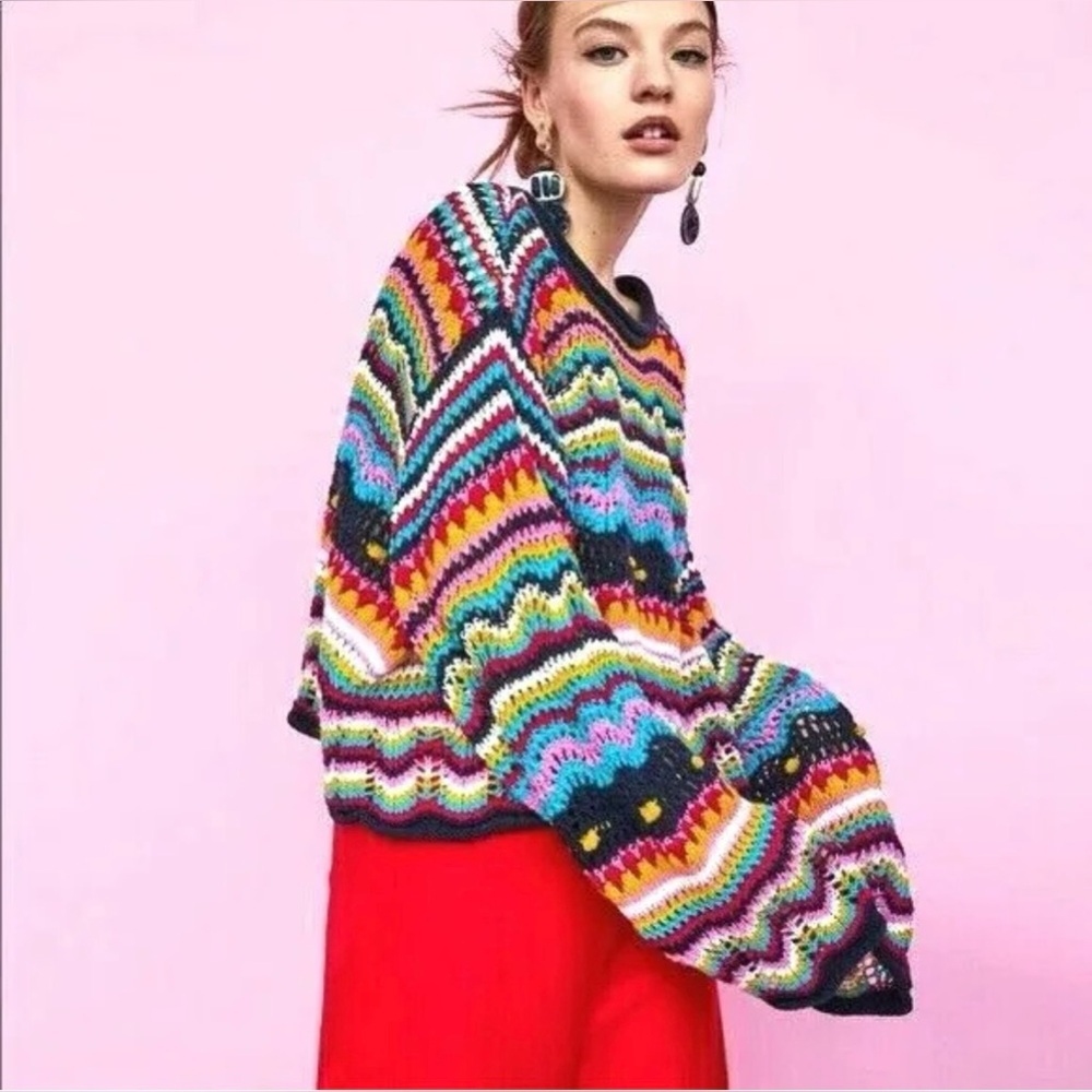 Zara Multi-coloured Boho Crochet Knit Bloggers Fave Sweater Jumper - Medium ✨